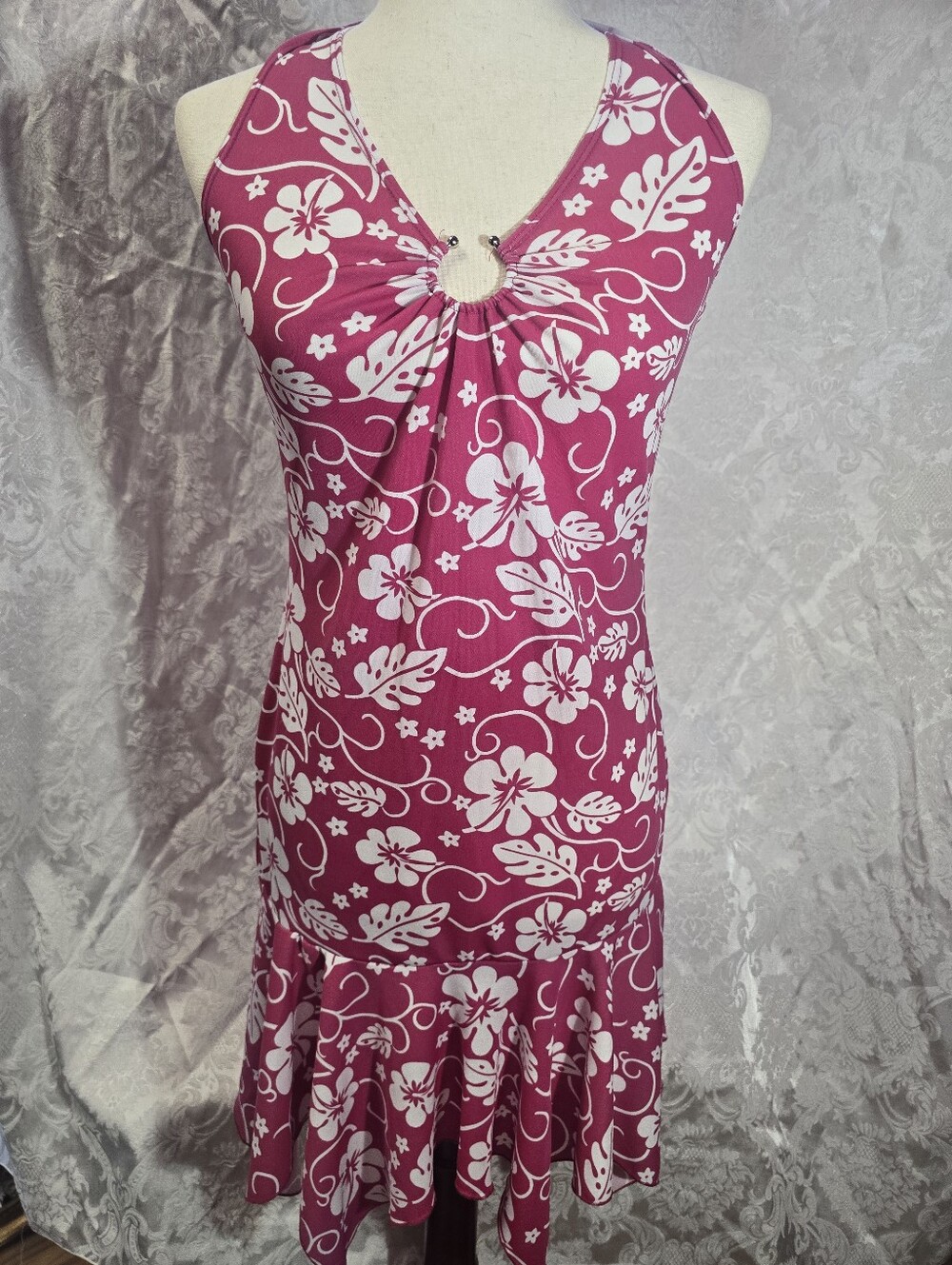 Pink floral ruffled halter dress medium stretchy mini swim Sexy y2k taboo.